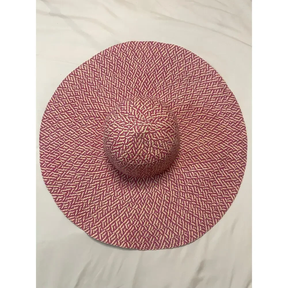 Wide Brim Straw Sun Hat Pink Beige Chevron Floppy Beach Summer Packable